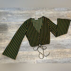 Emory Park Small Bell Sleeve Crop Top Cinch Black Orange Stripe Button Up Blouse